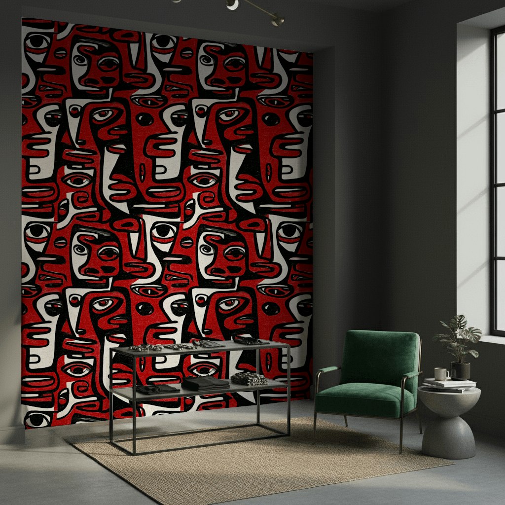 Bold Red and Black Abstract Faces Wallpaper