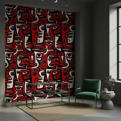 Bold Red and Black Abstract Faces Wallpaper