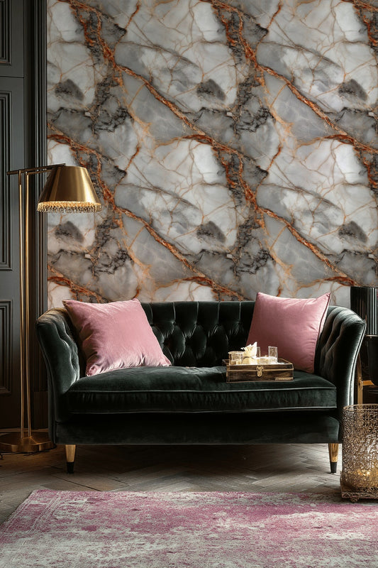 Gray and Orange Marble Effect Wallpaper
