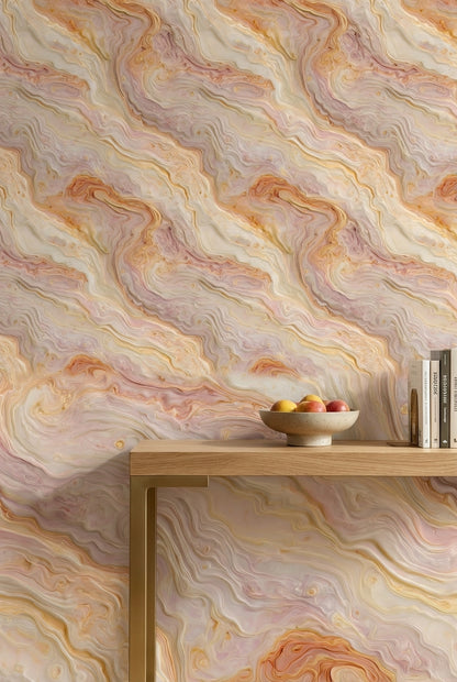 Warm Cream and Orange Marble Swirl Wallpaper