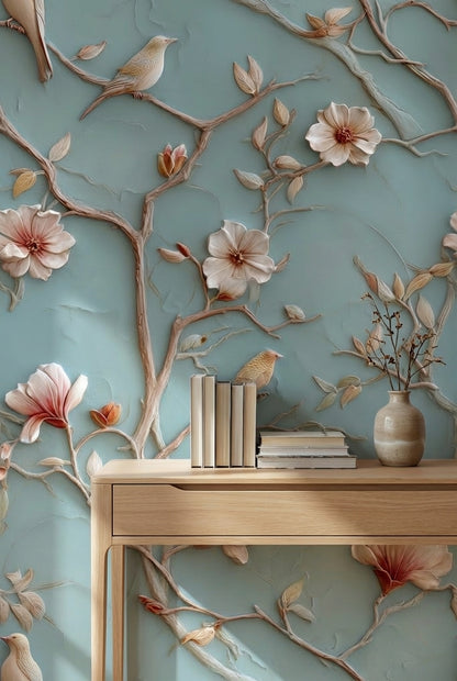 Muted Blue Cherry Blossom and Bird Wallpaper