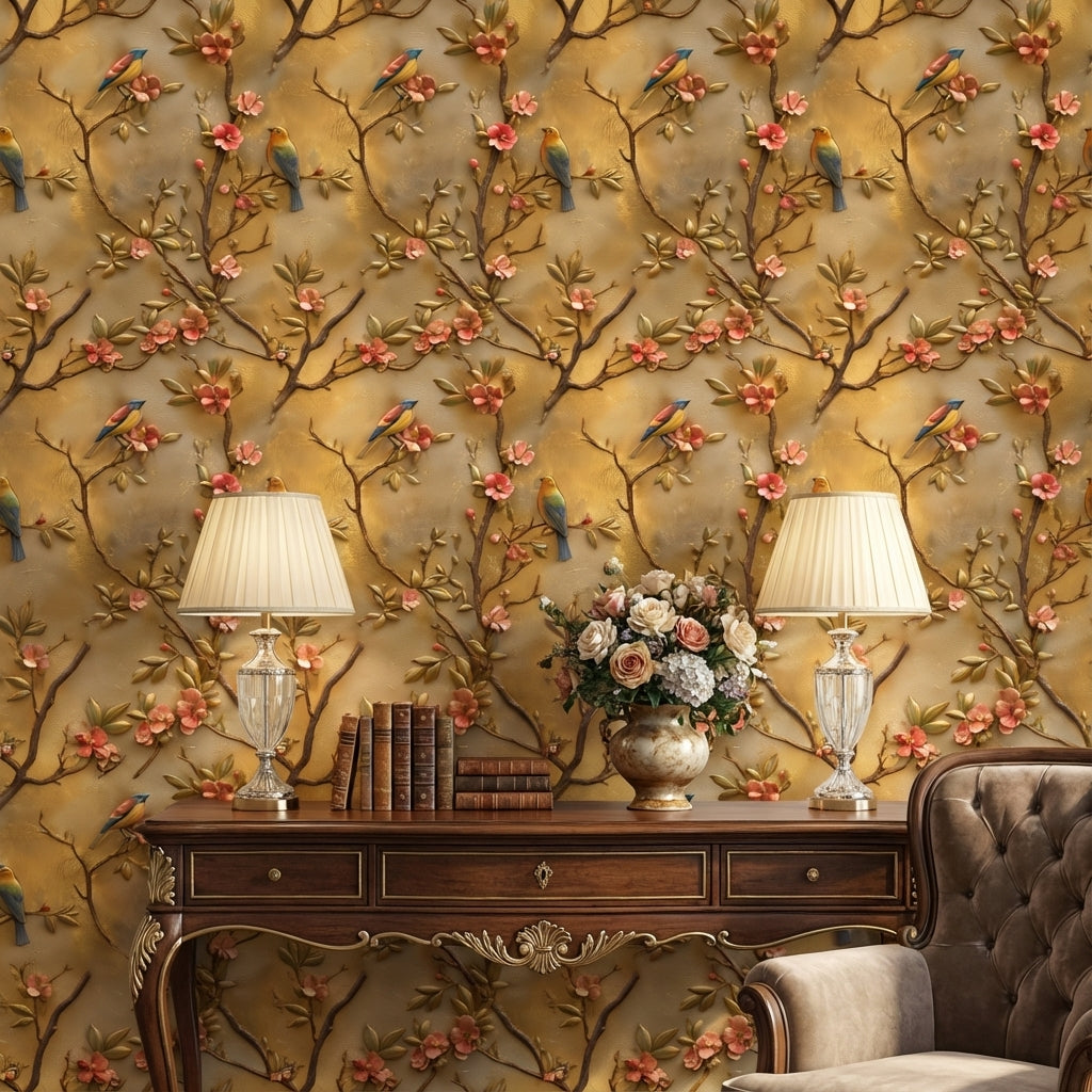 Golden Look Blossom and Bird Vintage Wallpaper