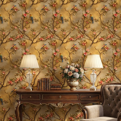 Golden Look Blossom and Bird Vintage Wallpaper