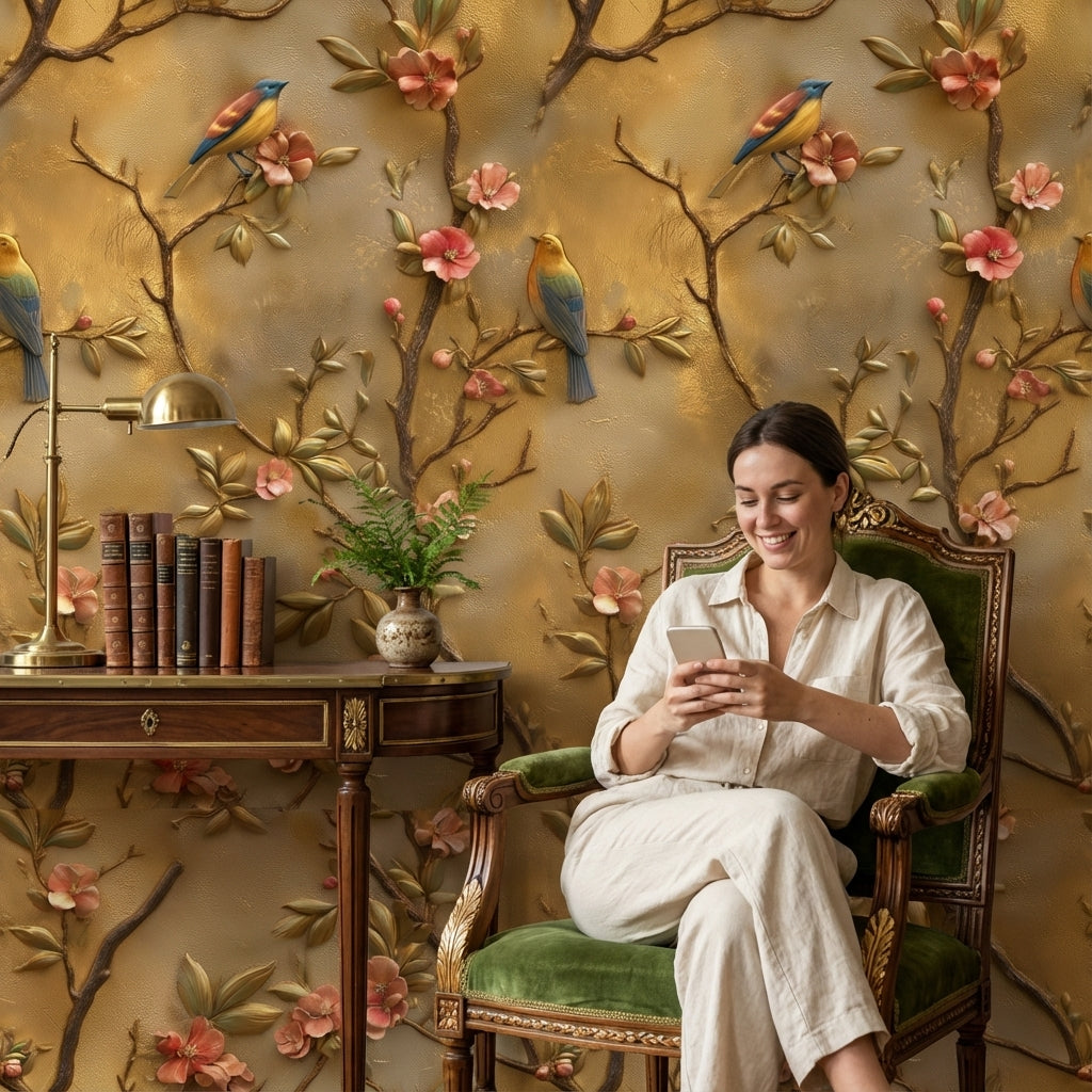 Golden Look Blossom and Bird Vintage Wallpaper