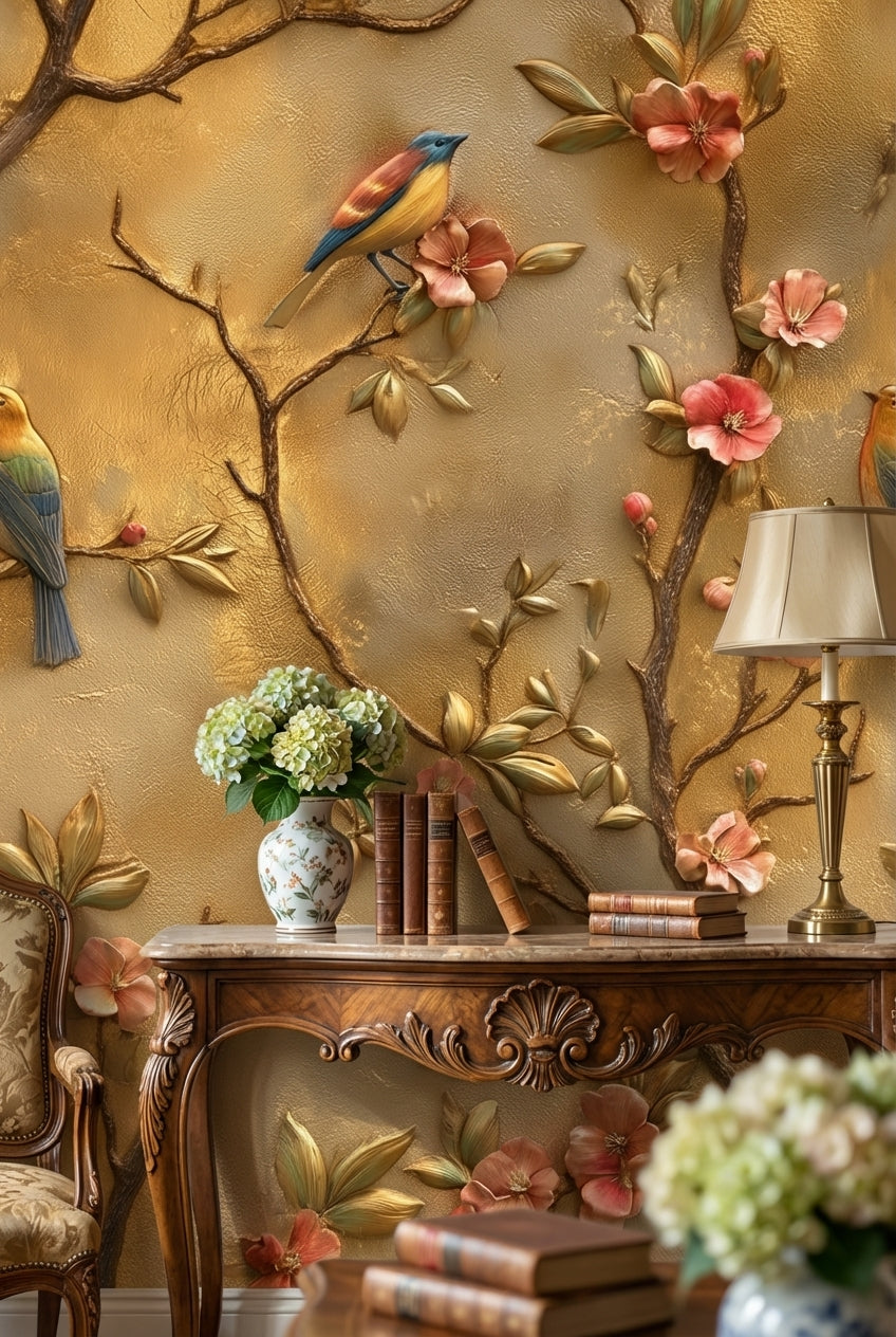 Golden Look Blossom and Bird Vintage Wallpaper