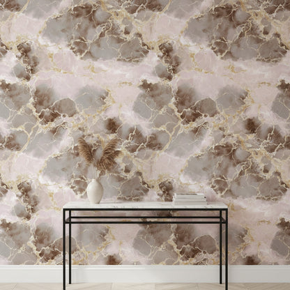 Blush Pink Gold Look Veined Marble Wallpaper