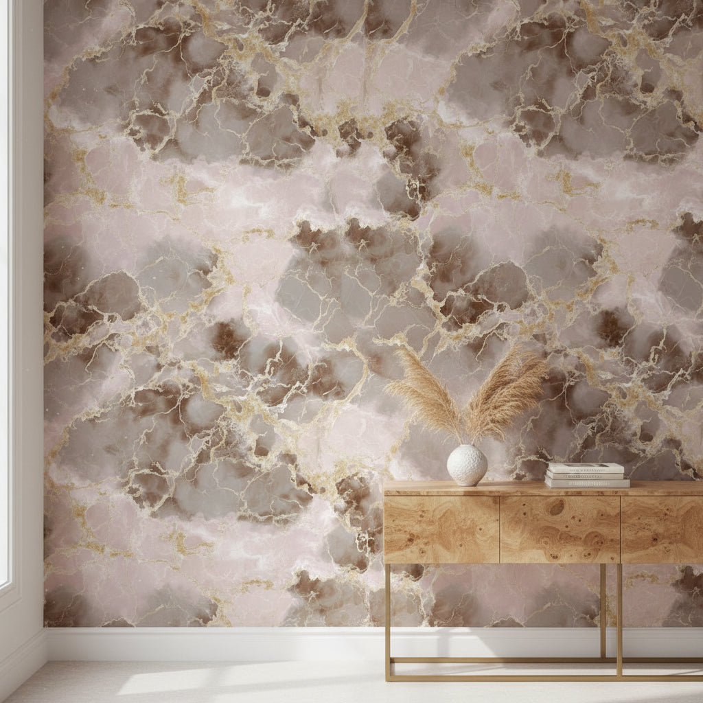 Blush Pink Gold Look Veined Marble Wallpaper