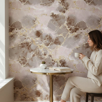 Blush Pink Gold Look Veined Marble Wallpaper