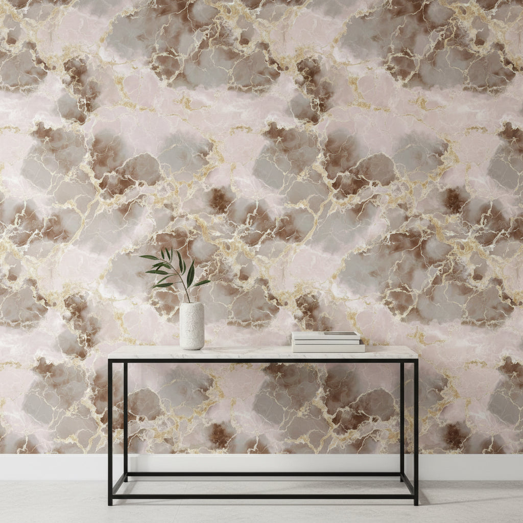 Blush Pink Gold Look Veined Marble Wallpaper