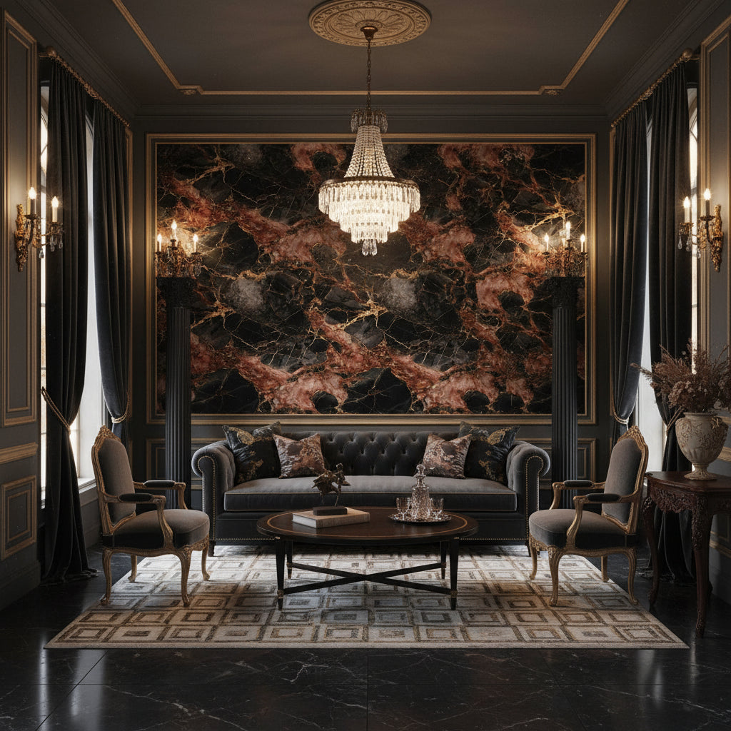 Rich Burgundy and Black Marble Effect Wallpaper