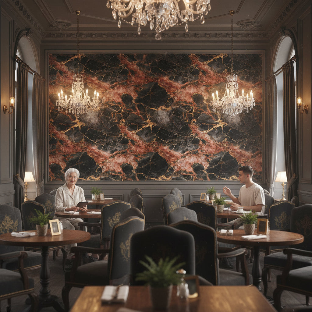 Rich Burgundy and Black Marble Effect Wallpaper