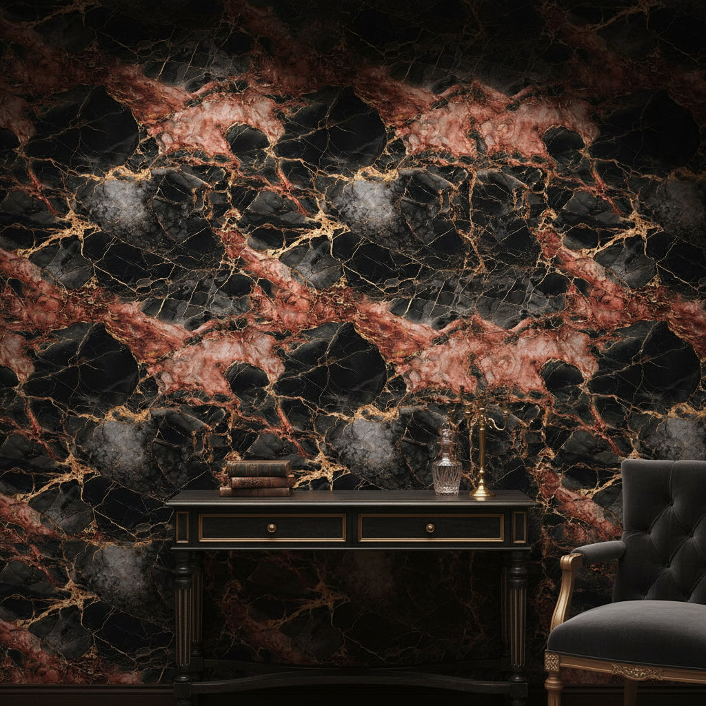 Rich Burgundy and Black Marble Effect Wallpaper