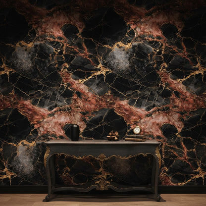 Rich Burgundy and Black Marble Effect Wallpaper
