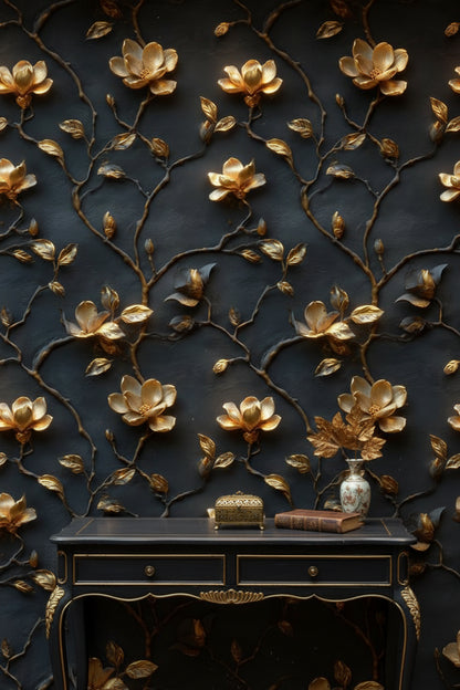 Gold Look Magnolia Branches on Dark Background Wallpaper