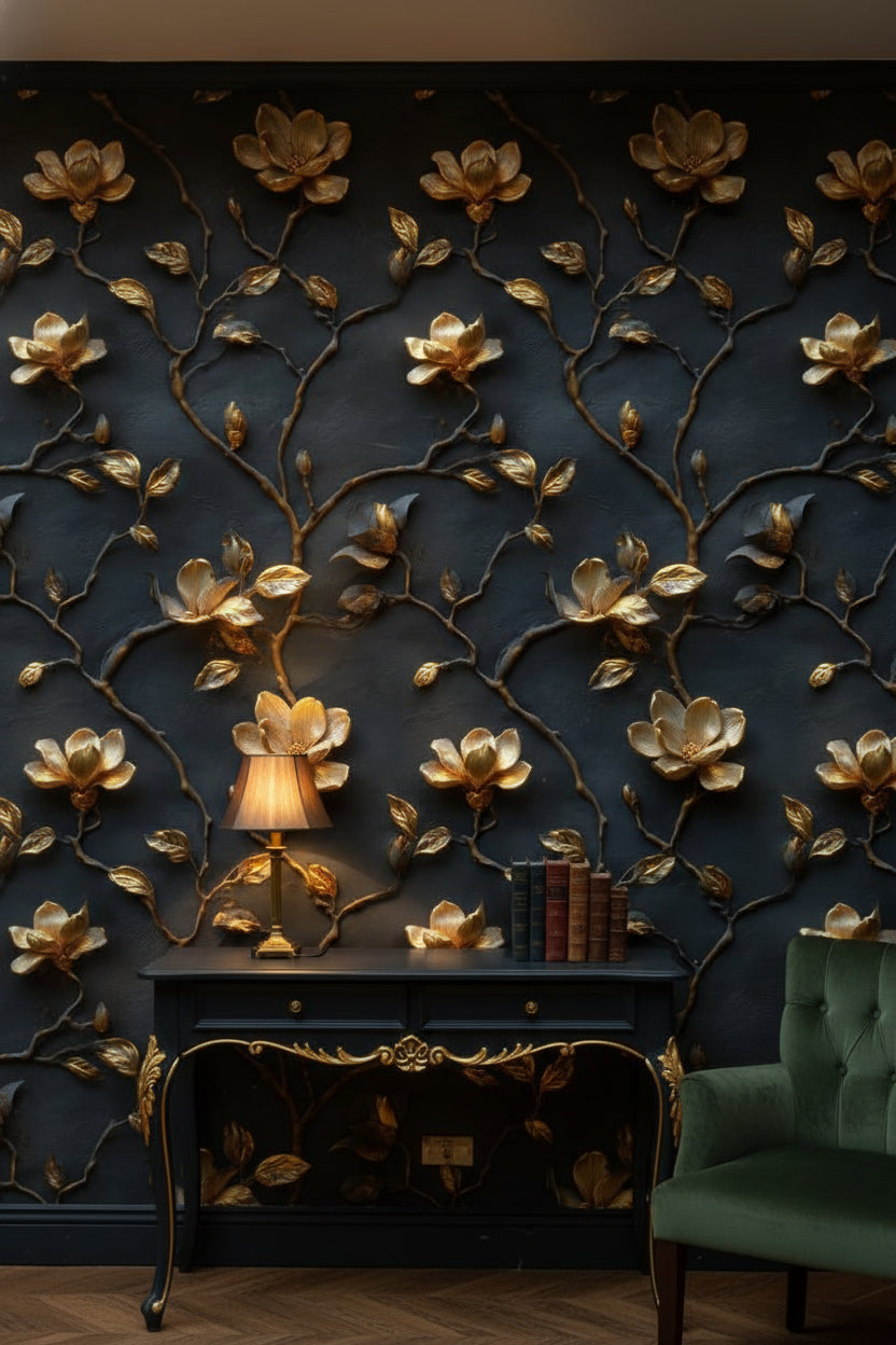 Gold Look Magnolia Branches on Dark Background Wallpaper