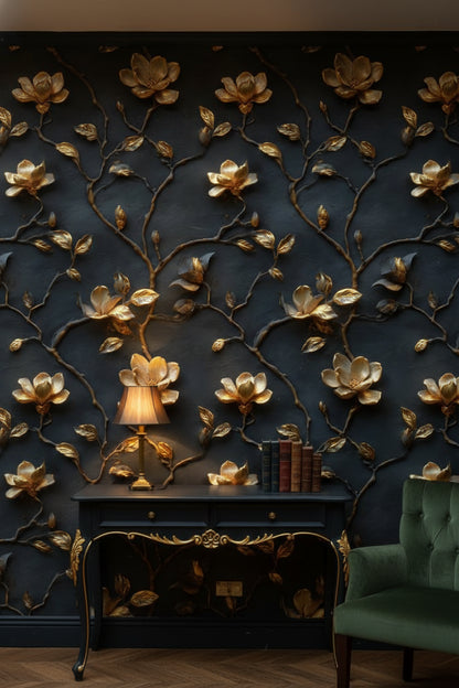 Gold Look Magnolia Branches on Dark Background Wallpaper