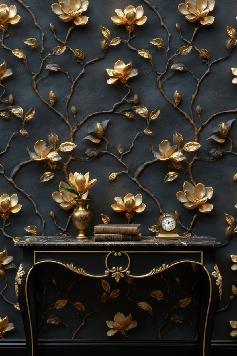 Gold Look Magnolia Branches on Dark Background Wallpaper