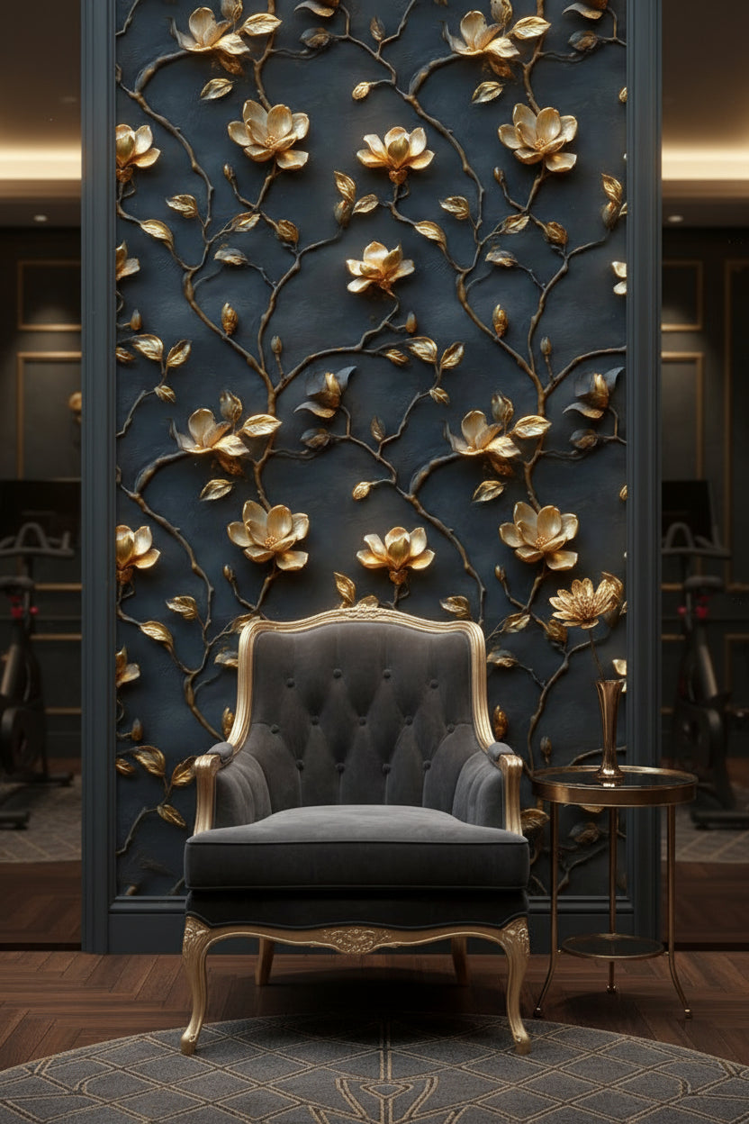 Gold Look Magnolia Branches on Dark Background Wallpaper