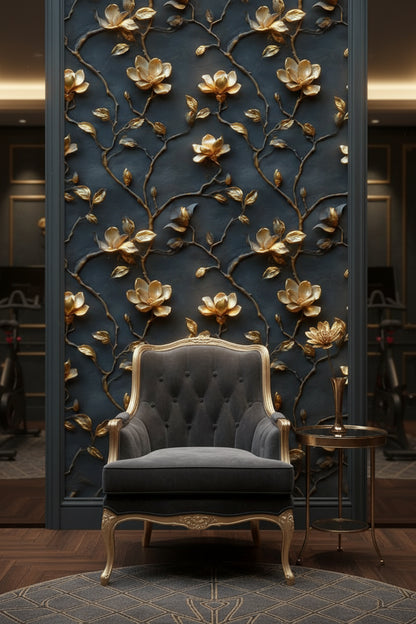 Gold Look Magnolia Branches on Dark Background Wallpaper