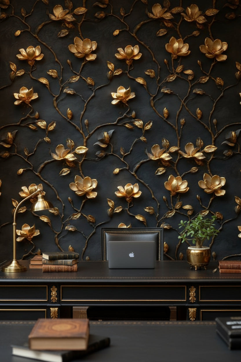 Gold Look Magnolia Branches on Dark Background Wallpaper