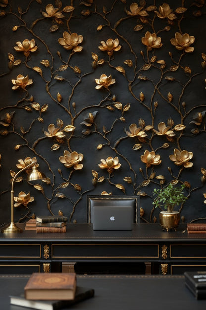Gold Look Magnolia Branches on Dark Background Wallpaper