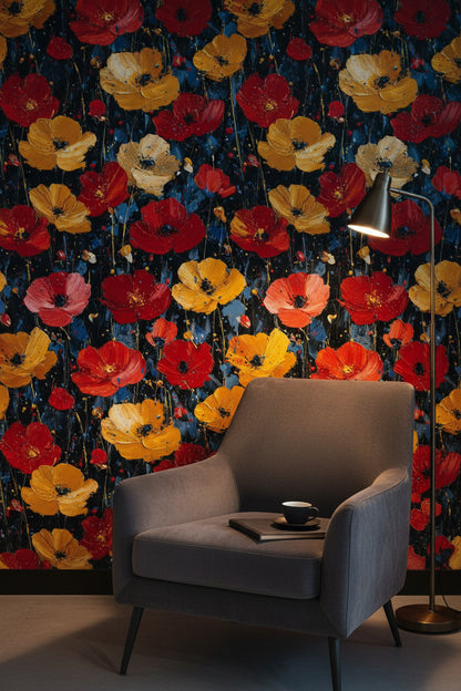 Bold Black Background Wildflower Floral Wallpaper