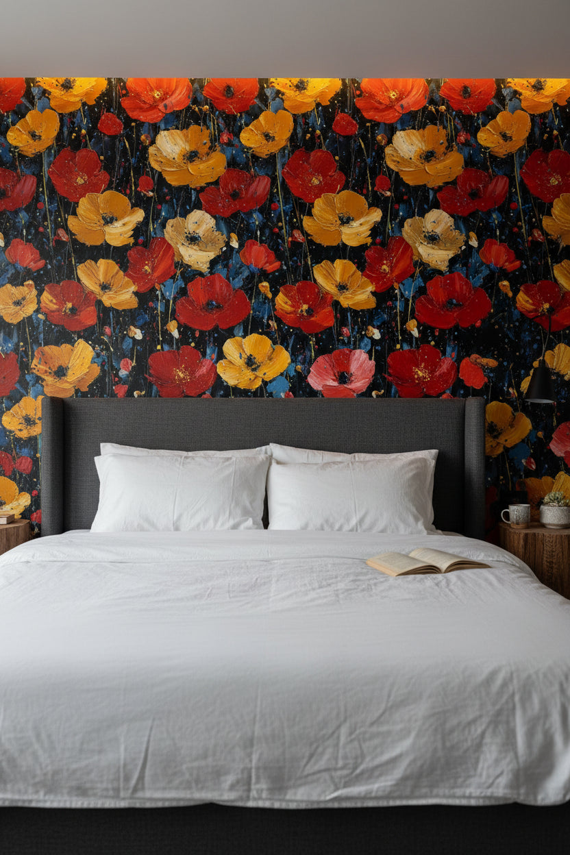 Bold Black Background Wildflower Floral Wallpaper