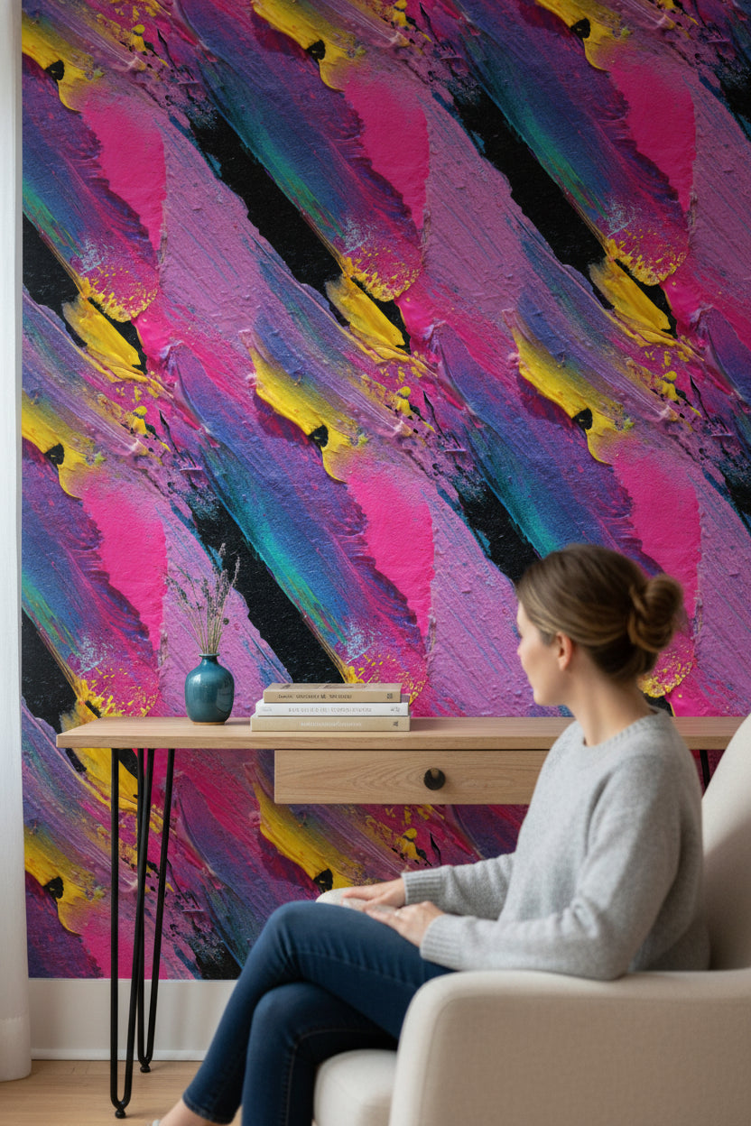 Bold Black and Pink Abstract Brushstroke Wallpaper