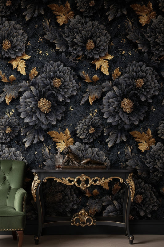 Opulent Black and Gold Look Floral Wallpaper