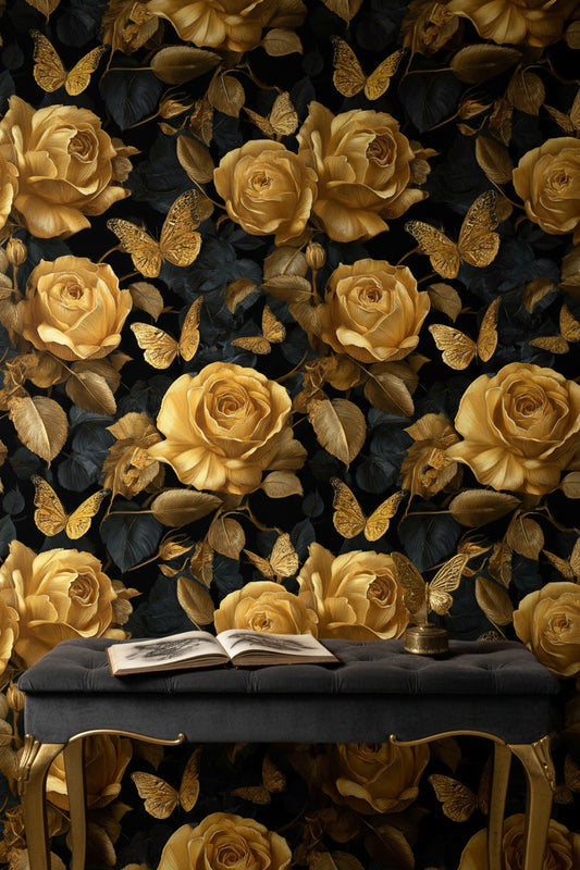 Golden Look Rose and Butterfly Black Wallpaper