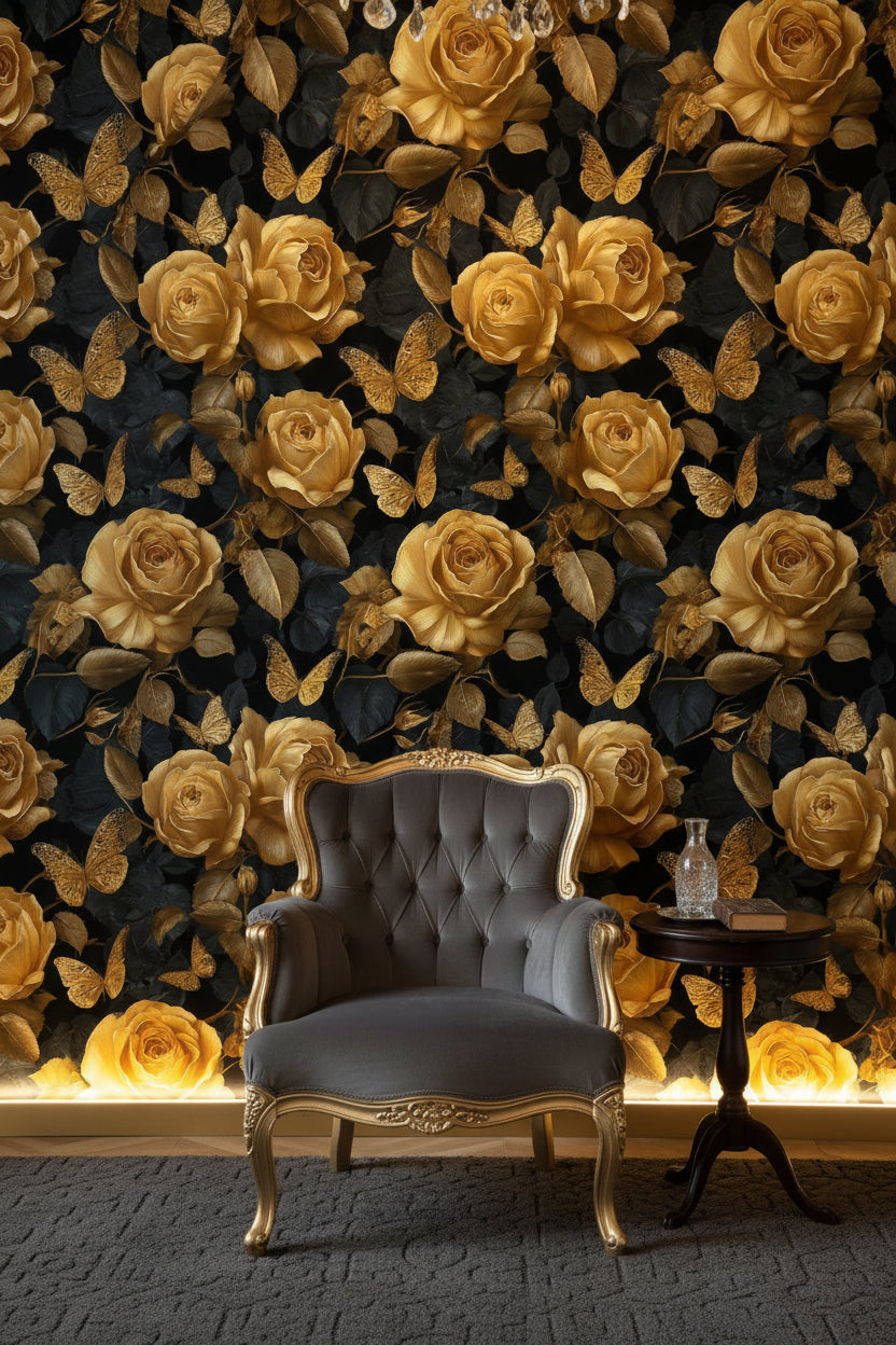 Golden Look Rose and Butterfly Black Wallpaper