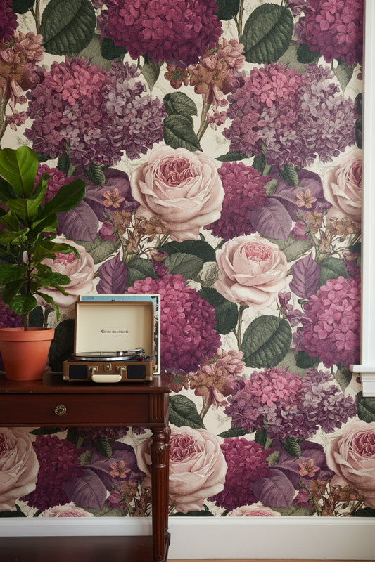 Cream and Plum Bold Rose Floral Wallpaper