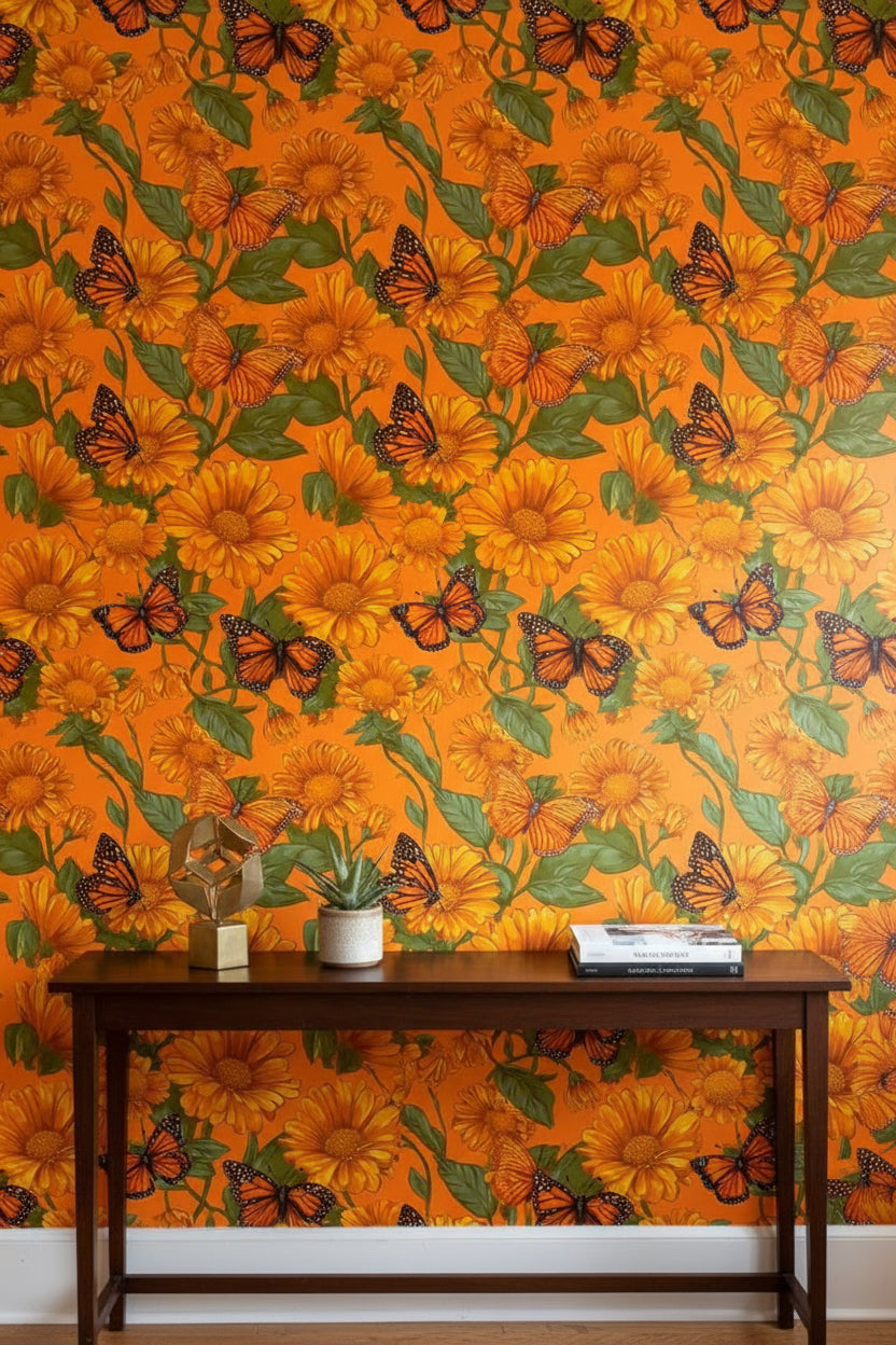 Vibrant Orange Sunflower and Butterfly Wallpaper