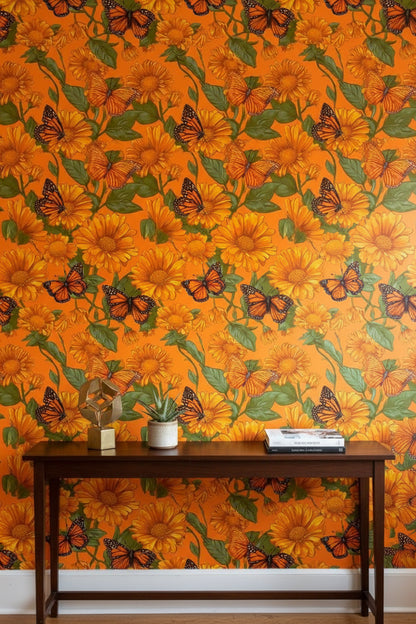 Vibrant Orange Sunflower and Butterfly Wallpaper