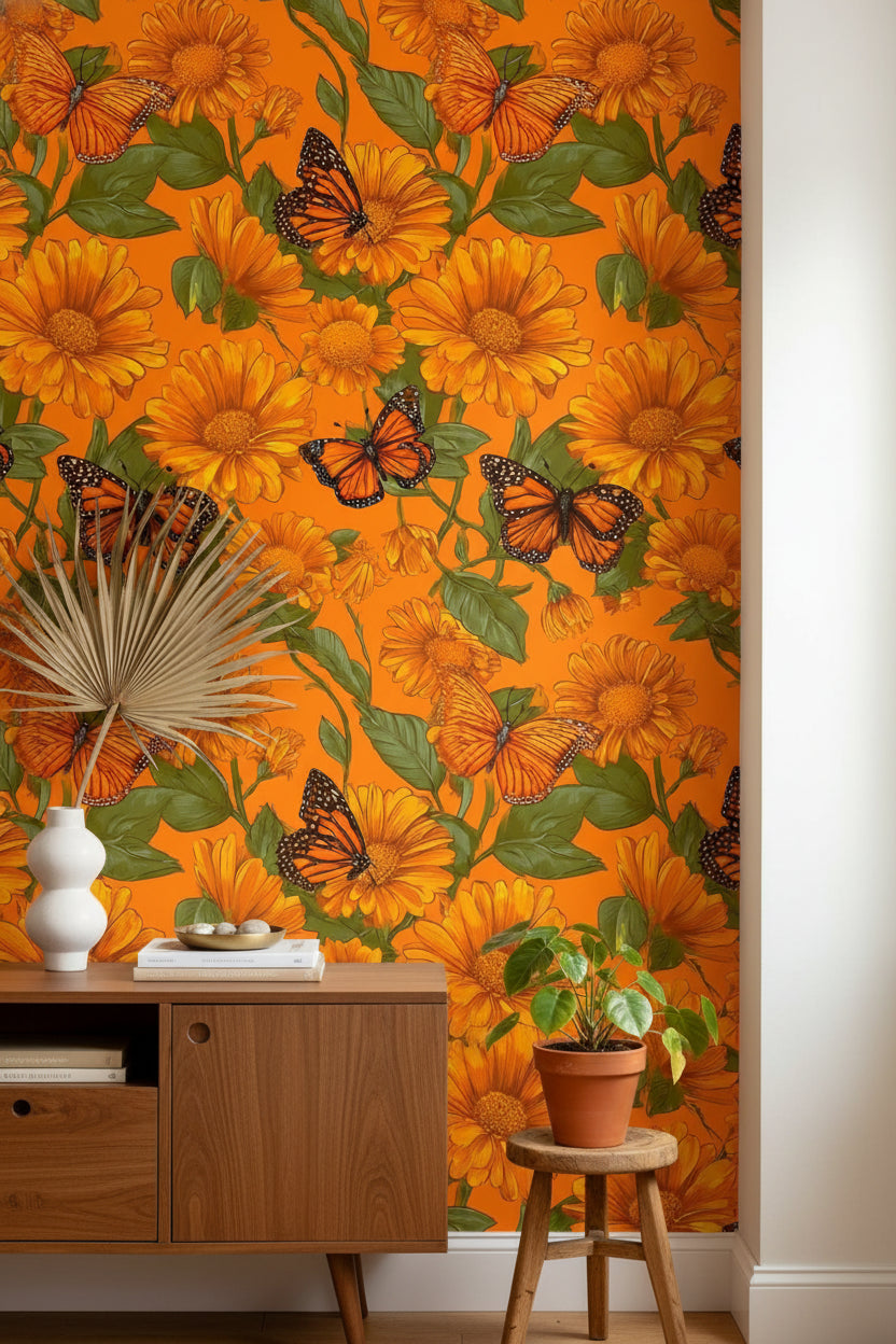 Vibrant Orange Sunflower and Butterfly Wallpaper