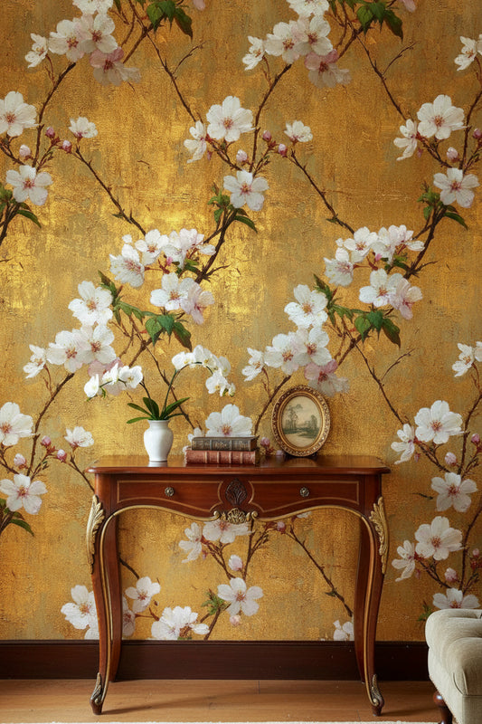 Gold Textured Background Cherry Blossom Chinoiserie Wallpaper