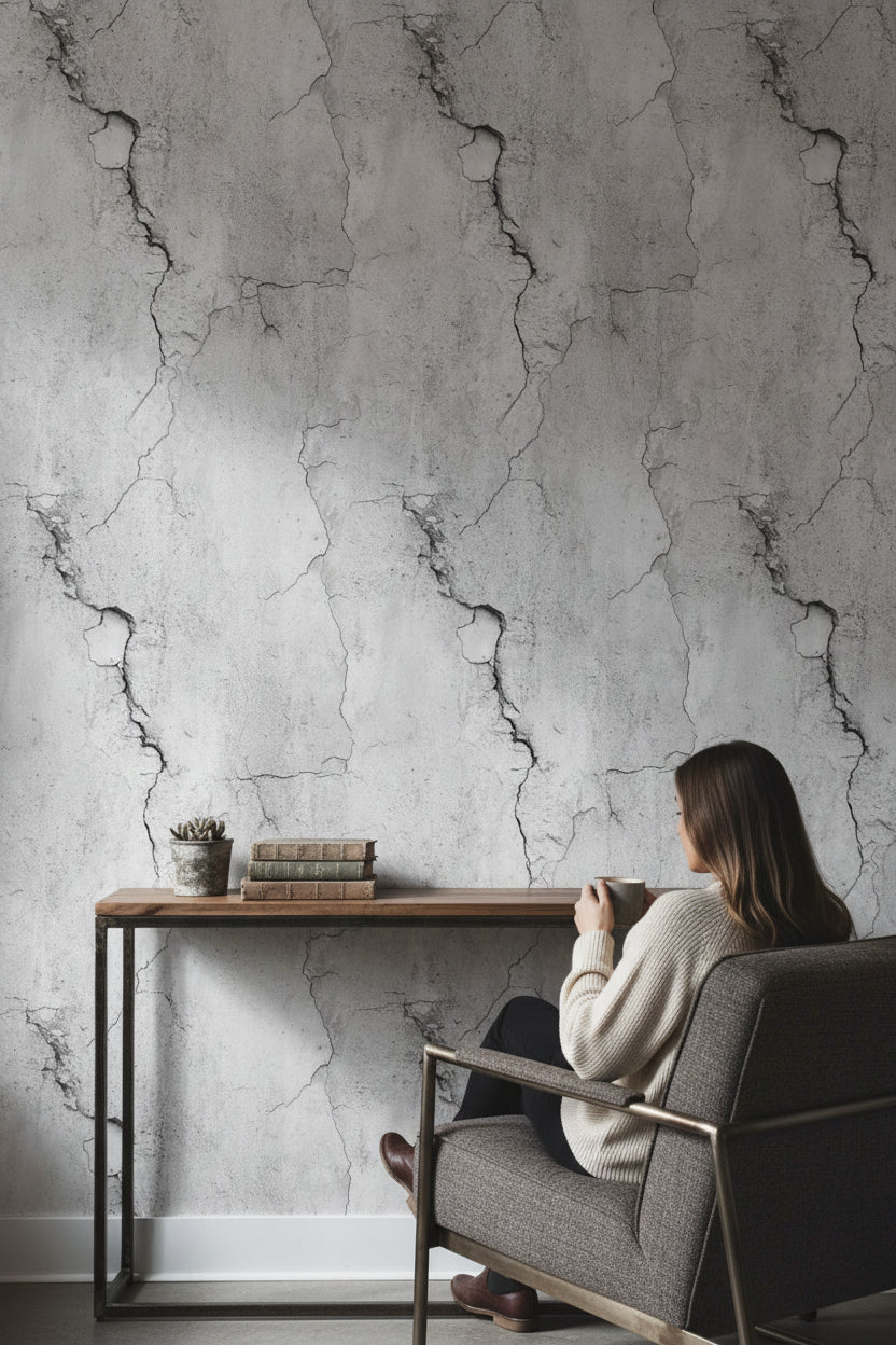 Light Gray Cracked Concrete Effect Wallpaper