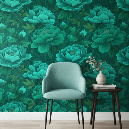 Emerald Green Large Peony Floral Wallpaper