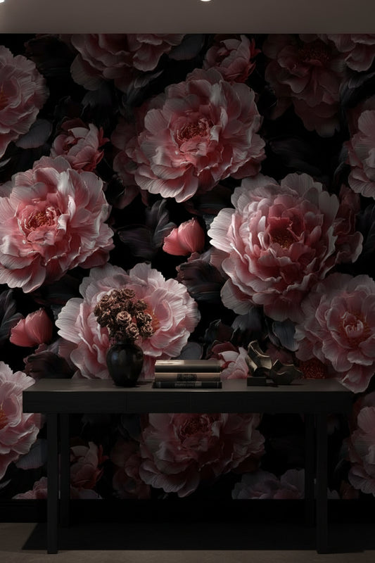Dark Noir Pink Rose Floral Wallpaper