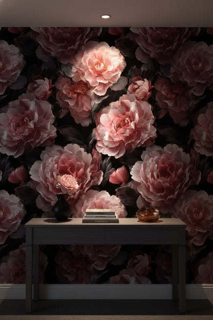 Dark Noir Pink Rose Floral Wallpaper