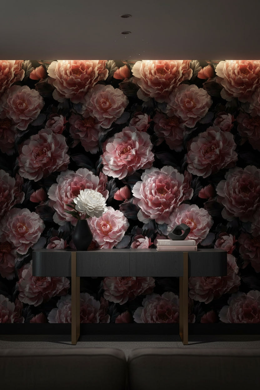 Dark Noir Pink Rose Floral Wallpaper