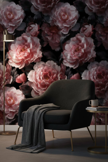 Dark Noir Pink Rose Floral Wallpaper