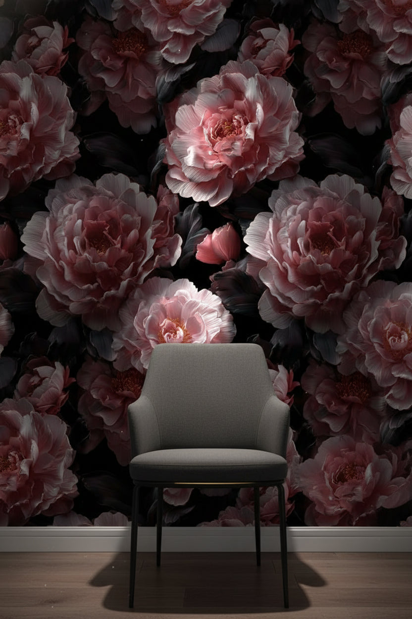Dark Noir Pink Rose Floral Wallpaper