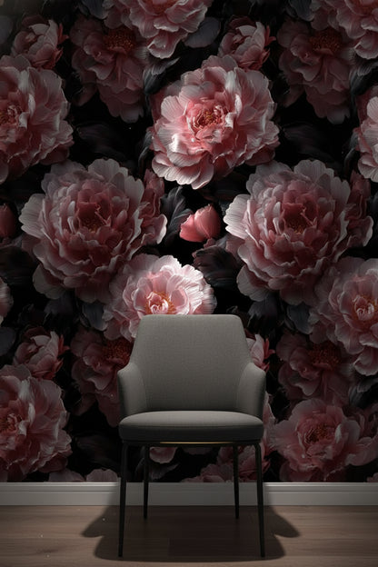 Dark Noir Pink Rose Floral Wallpaper