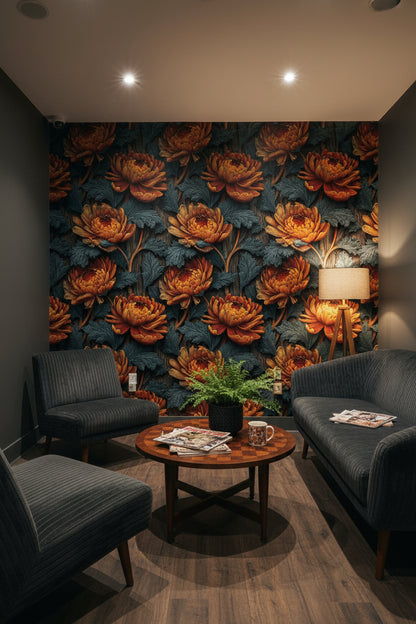 Deep Black and Orange Chrysanthemum Floral Wallpaper