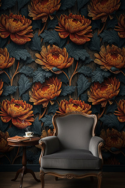 Deep Black and Orange Chrysanthemum Floral Wallpaper