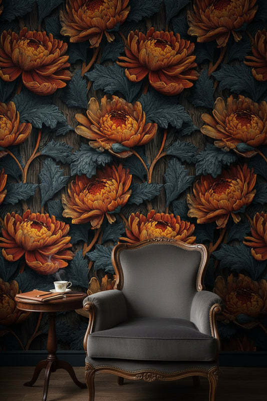 Deep Black and Orange Chrysanthemum Floral Wallpaper
