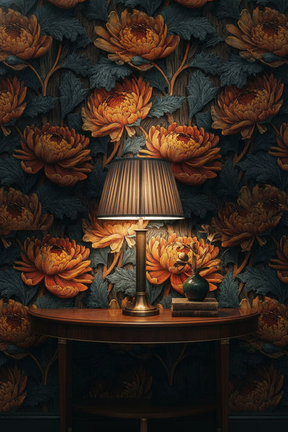 Deep Black and Orange Chrysanthemum Floral Wallpaper