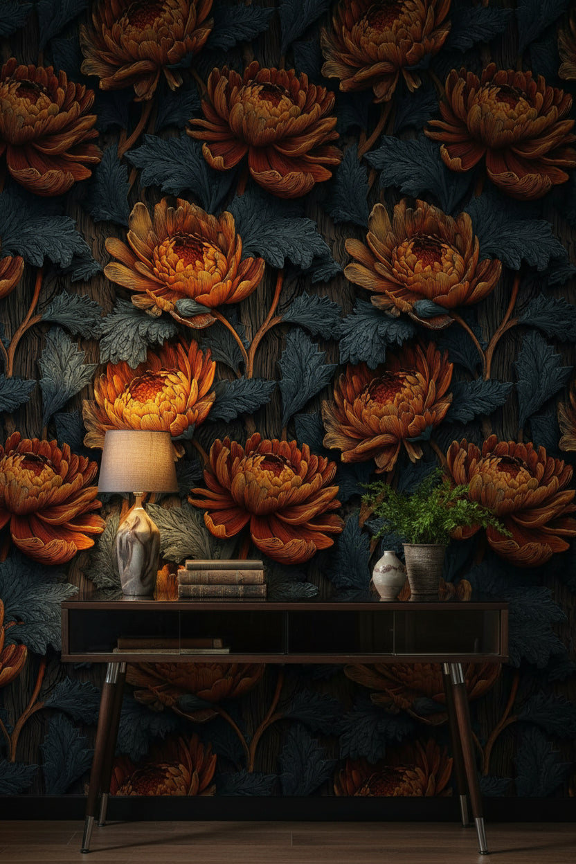 Deep Black and Orange Chrysanthemum Floral Wallpaper