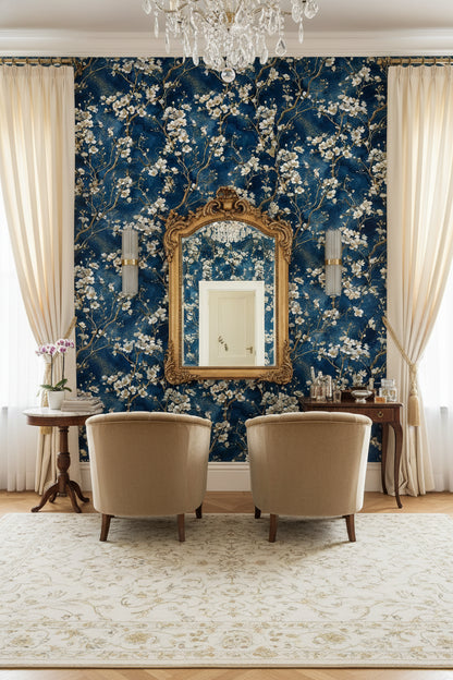 Dark Midnight Blue Cherry Blossom Wallpaper